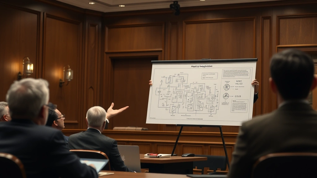 Expert witness presenting circuit diagram and calculations to courtroom audience, explaining electrical system failures and liability principles