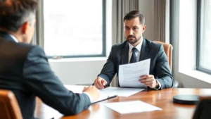 Professional male labor attorney in business suit sitting at wooden desk in modern law office reviewing employment contract documents with client across from him, natural window lighting, serious focused expression