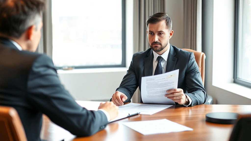 Professional male labor attorney in business suit sitting at wooden desk in modern law office reviewing employment contract documents with client across from him, natural window lighting, serious focused expression