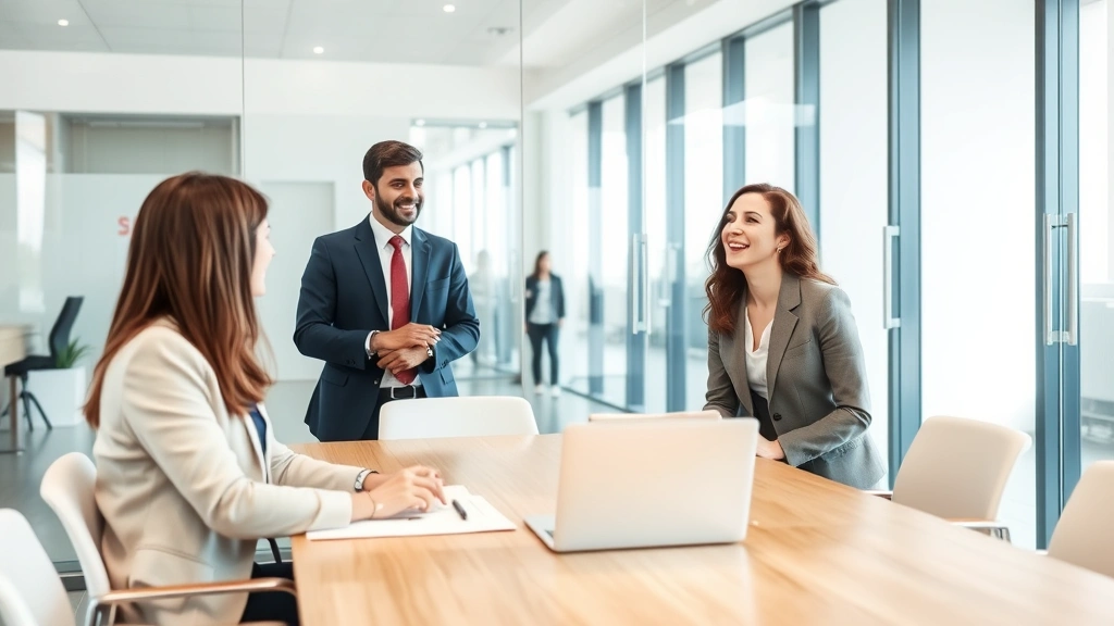 Diverse group of three professionals (man and two women) in business casual attire having a positive consultation meeting in contemporary law office conference room with glass walls, natural daylight, collaborative atmosphere