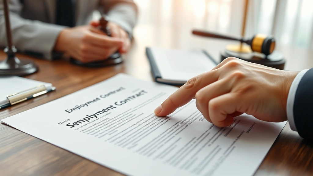 Close-up of attorney's hands pointing to specific clause in employment contract document on desk, with legal reference books and notepad visible, professional office setting with soft warm lighting