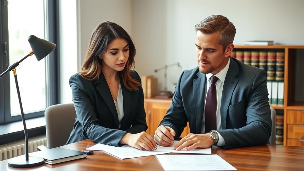 Professional female labor attorney in business suit conducting consultation with male client at wooden desk in modern law office, reviewing employment documents and contract papers together, natural window lighting, serious focused expressions, neutral professional setting with law books visible in background