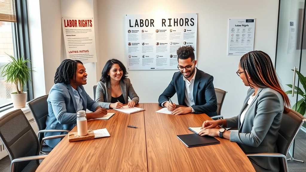 Diverse group of four workers in business casual attire sitting around conference table with labor rights poster on wall, discussing workplace concerns and taking notes, inclusive modern office environment, collaborative supportive atmosphere, morning natural lighting through windows