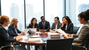 Professional diverse team of lawyers in modern New York office conference room reviewing employment documents and labor law files on table