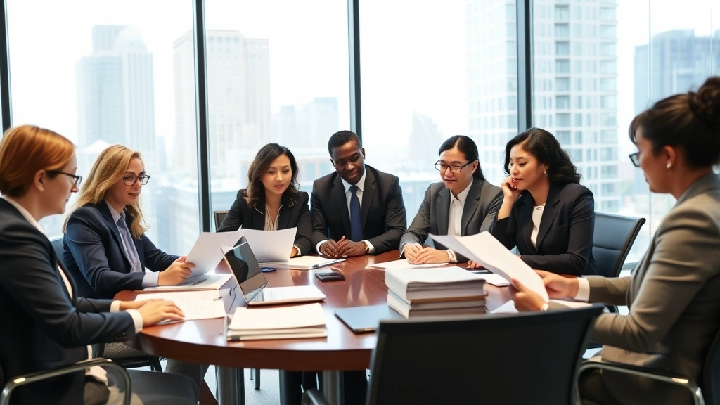 Professional diverse team of lawyers in modern New York office conference room reviewing employment documents and labor law files on table
