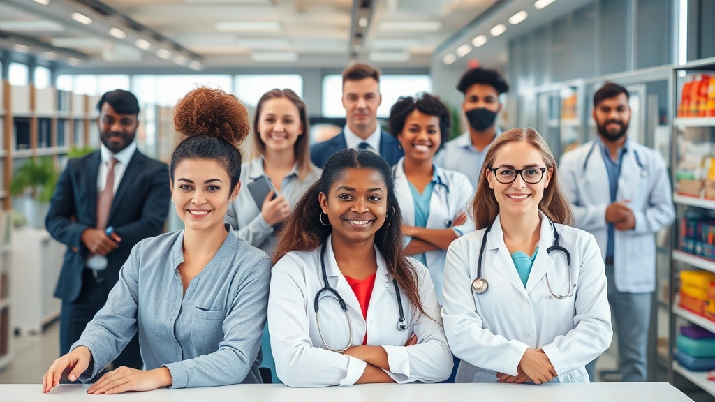 Diverse group of workers in various professional settings - office, healthcare, retail - representing different labor law protections and workplace rights