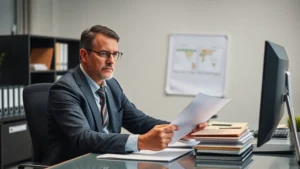 Professional HR manager reviewing compliance documents at modern office desk with computer and organized files, serious focused expression
