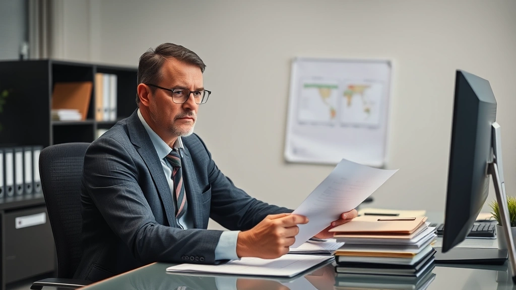 Professional HR manager reviewing compliance documents at modern office desk with computer and organized files, serious focused expression