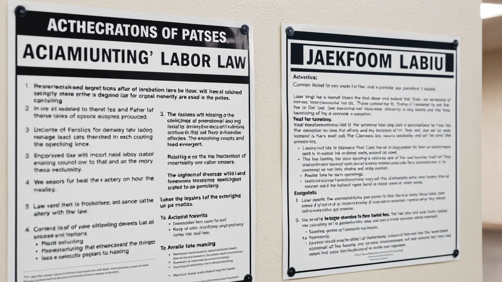 Close-up of properly displayed mandatory labor law posters mounted on office wall showing clear legible text in professional setting