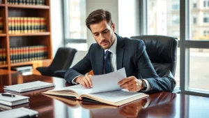 Professional male lawyer in business suit reviewing legal documents at mahogany desk in modern law office, serious focused expression, natural lighting from office window, contemporary office environment with law books visible in background