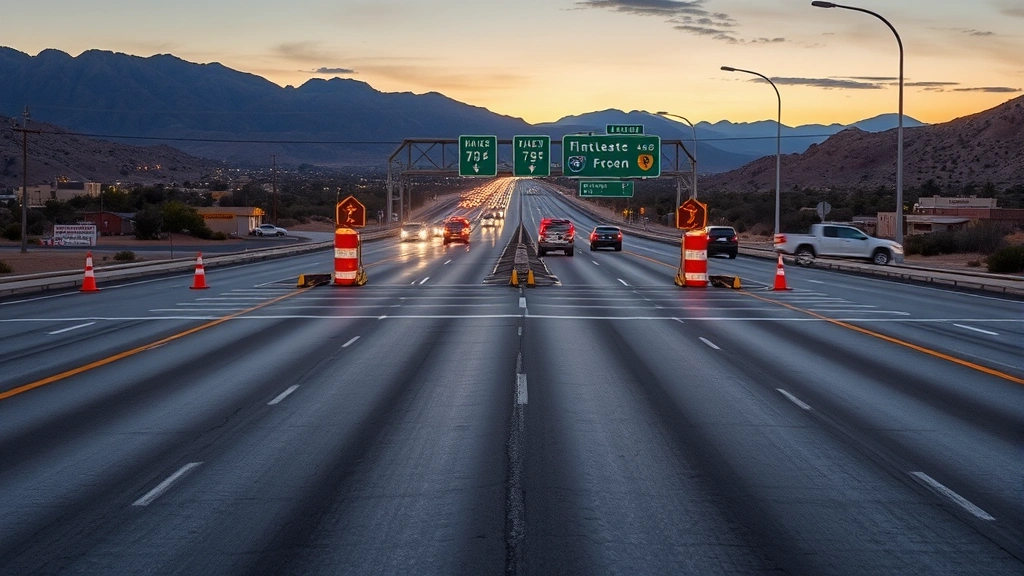 Highway checkpoint scene at dusk with road markings and safety cones, professional setting emphasizing traffic safety and law enforcement presence, no visible officers or people, photorealistic urban Nevada landscape