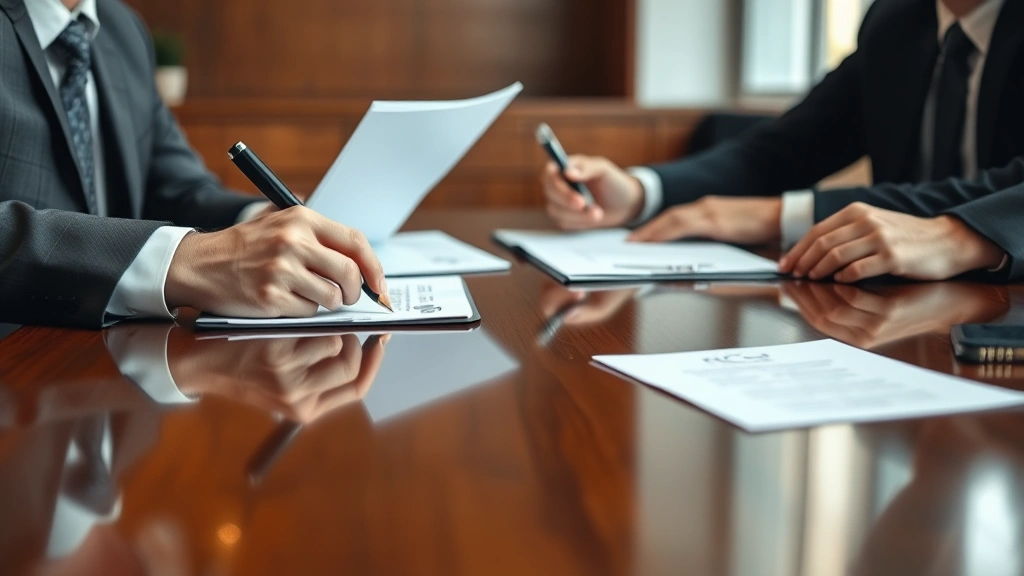 Close-up of professional legal consultation between attorney and client across polished wooden table, documents and notepads visible, neutral professional office setting, warm professional lighting, focused serious expressions