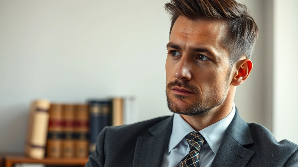 Professional male actor in formal business suit and tie, serious contemplative expression, modern office setting with blurred law books and legal documents in background, natural lighting