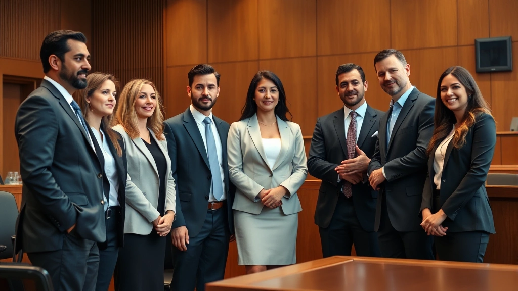 Diverse group of legal professionals in business attire in modern courtroom setting, standing near judge's bench, serious professional atmosphere, collaborative discussion posture, natural courtroom lighting