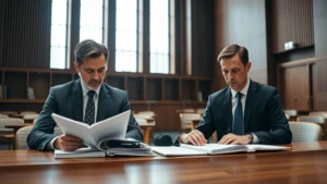 Professional courtroom setting with attorneys in business attire reviewing case files at a wooden table, natural lighting from high windows, serious focused expressions, legal documents visible but not readable, modern courthouse interior design