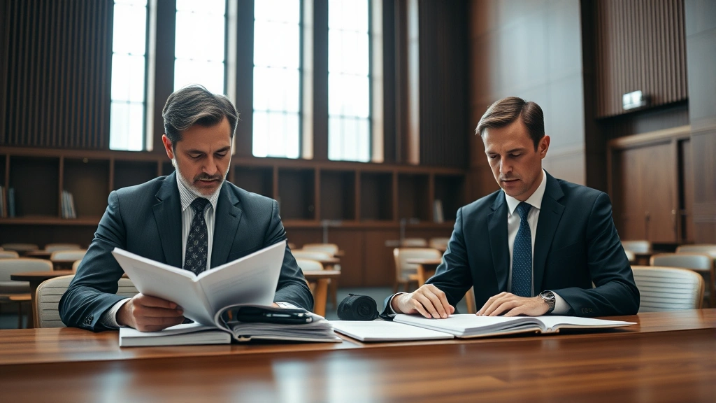 Professional courtroom setting with attorneys in business attire reviewing case files at a wooden table, natural lighting from high windows, serious focused expressions, legal documents visible but not readable, modern courthouse interior design
