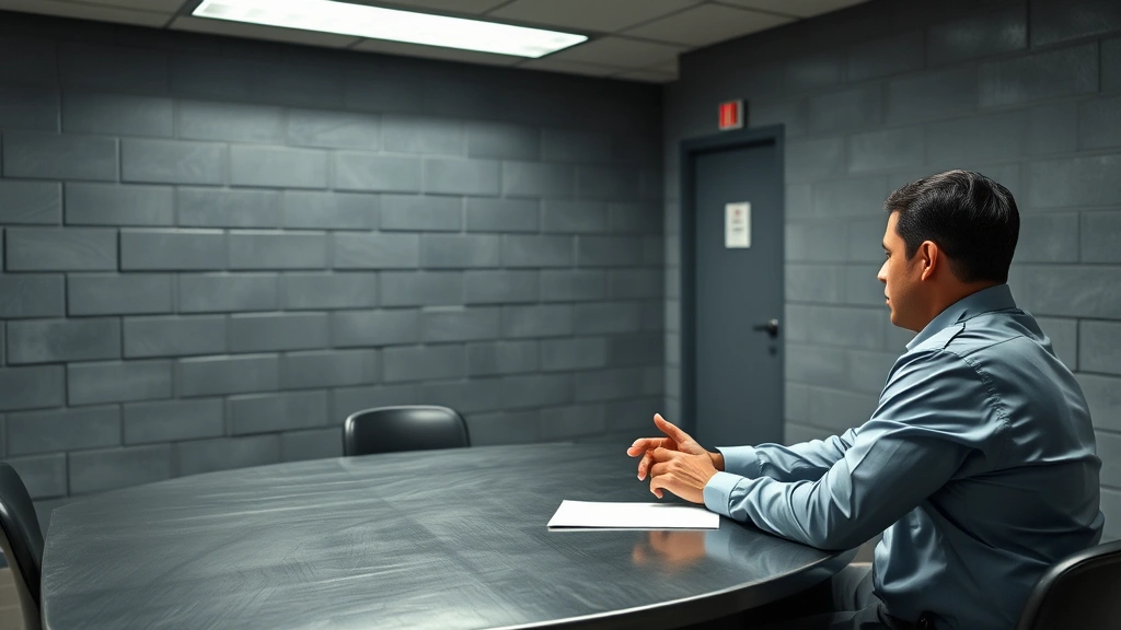 Law enforcement detective in business casual attire conducting interview across metal table in institutional gray interrogation room, professional demeanor, note pad visible, realistic police precinct setting, dramatic but authentic lighting