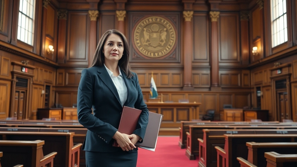 Female prosecutor in formal suit standing in empty courtroom before judge's bench, confident posture, holding legal briefs, ornate wooden furnishings and official seals visible, professional courthouse environment, natural daylight from tall windows
