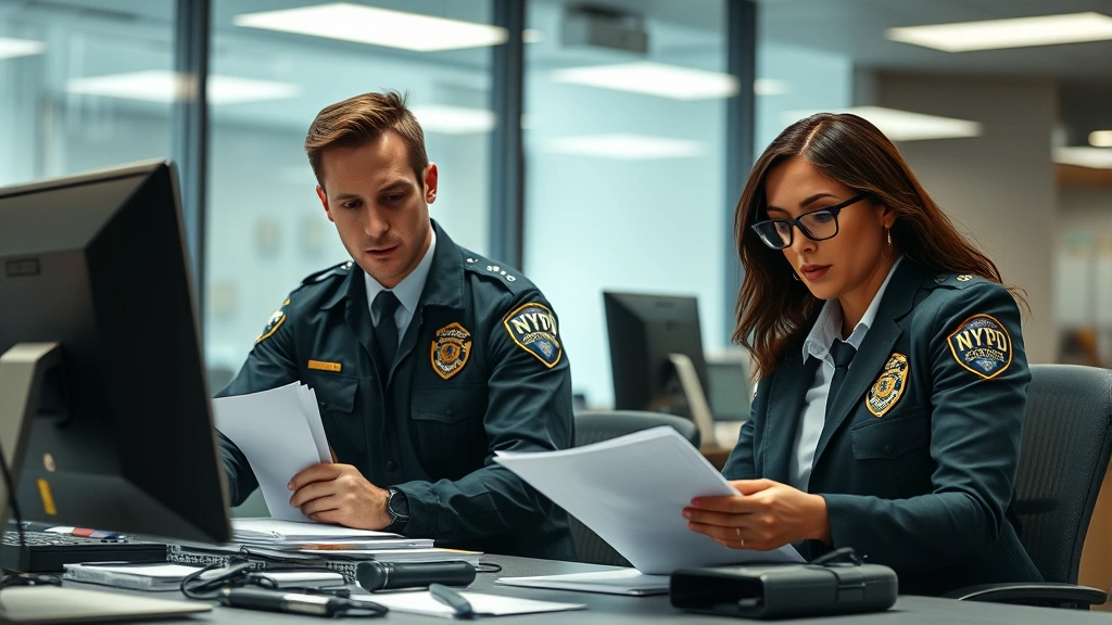 Professional male and female law enforcement detectives in modern NYPD office setting, reviewing case files at desk with computers visible, serious focused expressions, photorealistic style