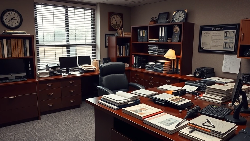 Professional law enforcement office setting with desk, case files, and detective equipment typical of NYPD SVU operations, photorealistic style