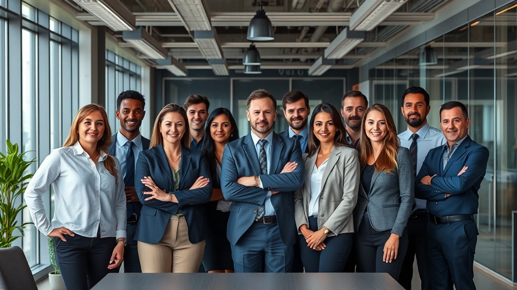 Diverse team of professional actors in modern office setting with law enforcement and legal environment, collaborative atmosphere, photorealistic style