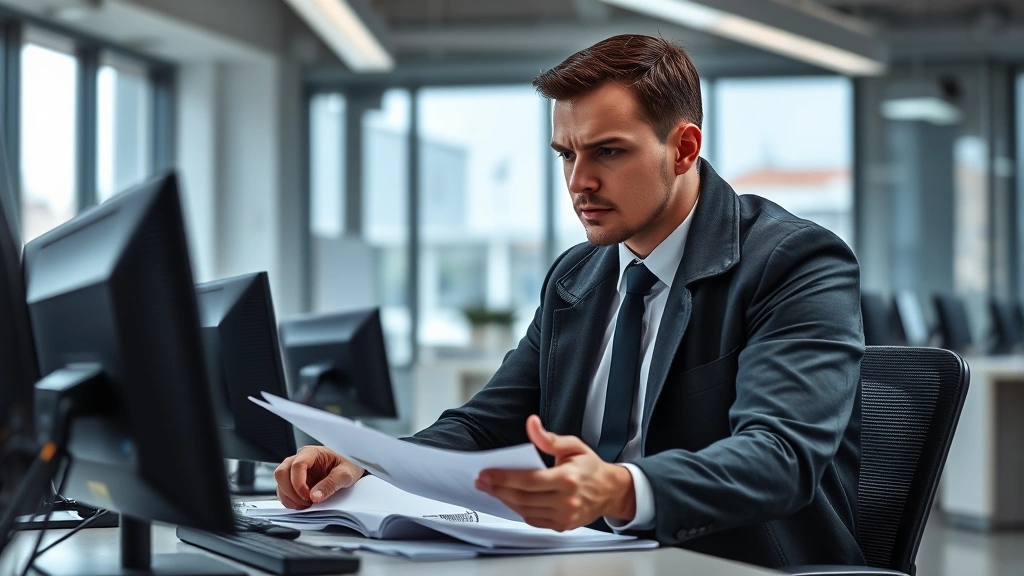 Professional detective in modern police precinct wearing business casual attire, reviewing case files at desk with computer monitors, natural office lighting, serious focused expression, contemporary urban police station interior