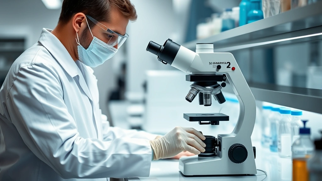 Forensic scientist in white lab coat examining evidence under microscope in modern laboratory setting, protective equipment visible, professional concentration, state-of-the-art lab equipment in background, clean clinical environment