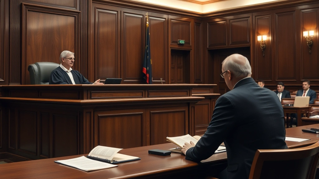 Courtroom scene showing judge at bench with judicial robes, prosecutor at table with documents, professional legal setting with wooden furnishings, formal atmospheric lighting, no visible text or signage on documents