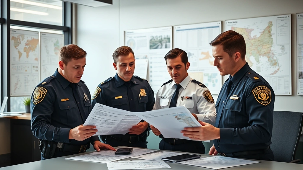 Professional law enforcement task force team in modern office setting with maps and investigation boards on walls, diverse officers reviewing case files together, serious focused expressions, natural lighting from windows