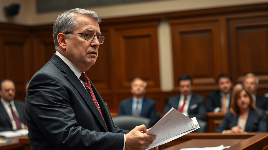 Experienced prosecutor in business suit presenting evidence at grand jury hearing, formal courtroom setting with jurors visible in background, professional demeanor, confident posture addressing the jury