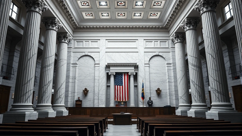 Professional federal courthouse interior with marble columns and American flag, empty courtroom during daytime, formal legal setting