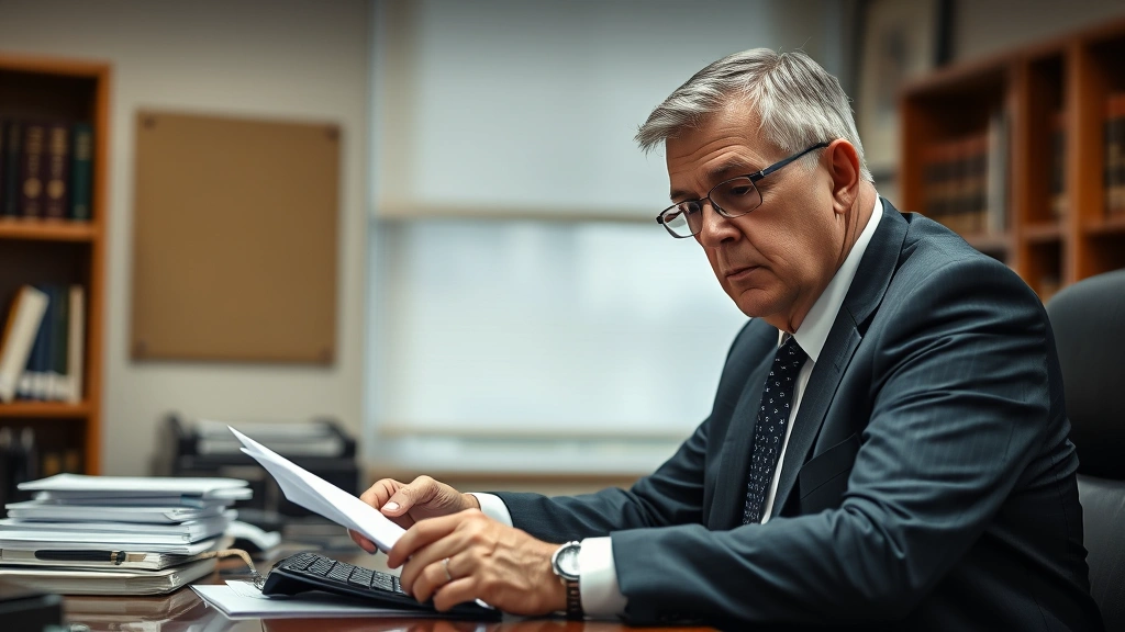 Senior federal prosecutor or attorney in business suit reviewing case files at desk, serious concentrated expression, law office environment with books and documents
