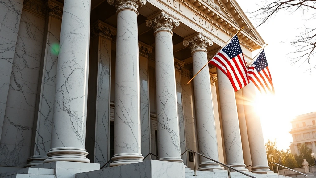 Professional federal courthouse exterior with marble columns and American flags, morning sunlight, authoritative legal architecture