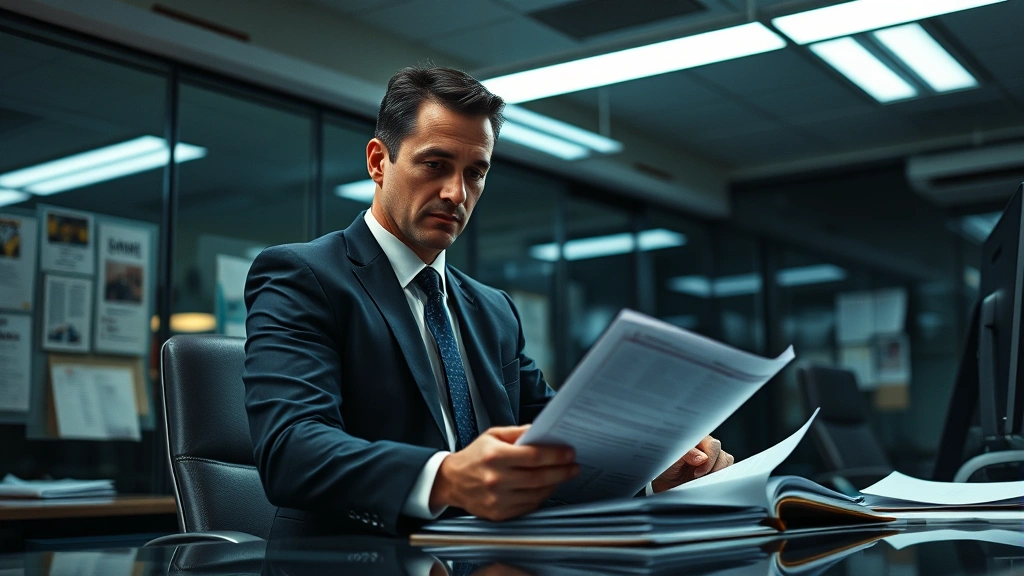 Professional male detective in business suit sitting at desk in modern police precinct office, examining case files under fluorescent lighting, focused expression, realistic photography