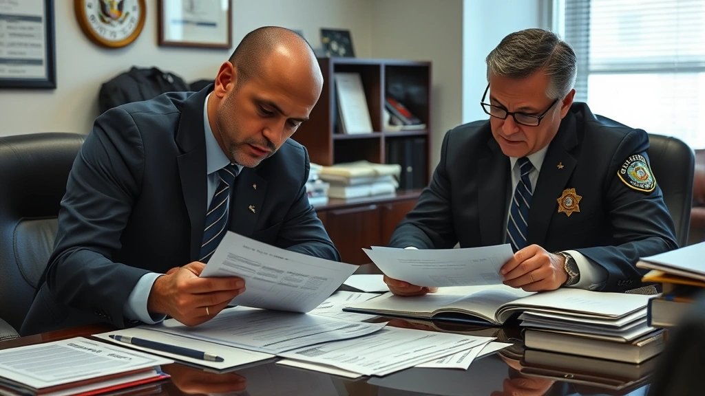 Federal law enforcement agents reviewing documents and financial records at a desk in an office setting, focused and professional demeanor