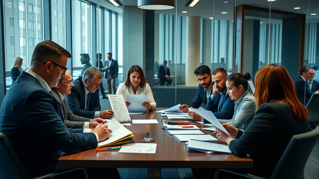 Diverse team of prosecutors and law enforcement in conference room reviewing legal documents and case materials, collaborative professional atmosphere, contemporary office setting