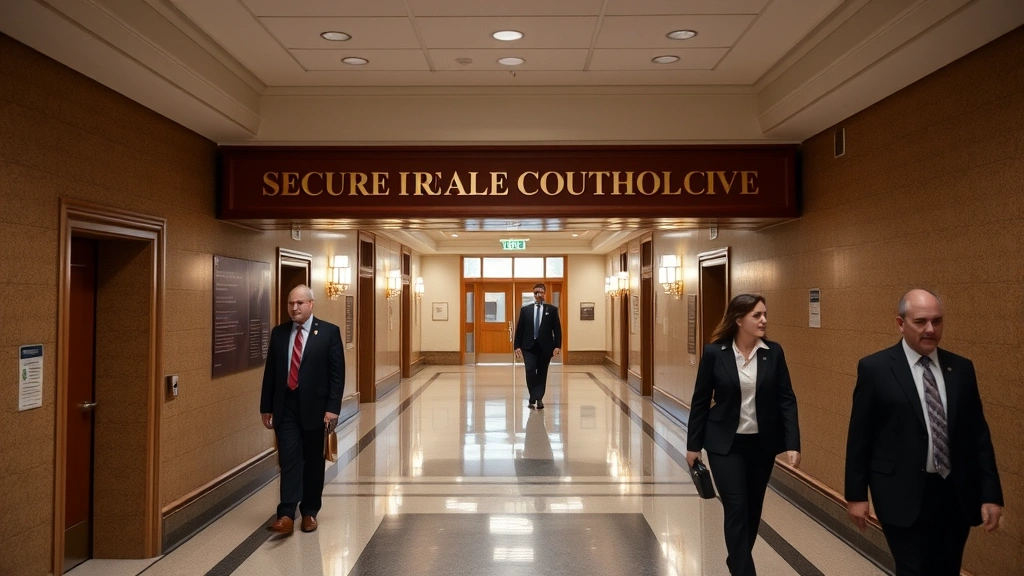 Secure federal courthouse interior hallway with official signage, legal professionals in business attire walking, institutional atmosphere
