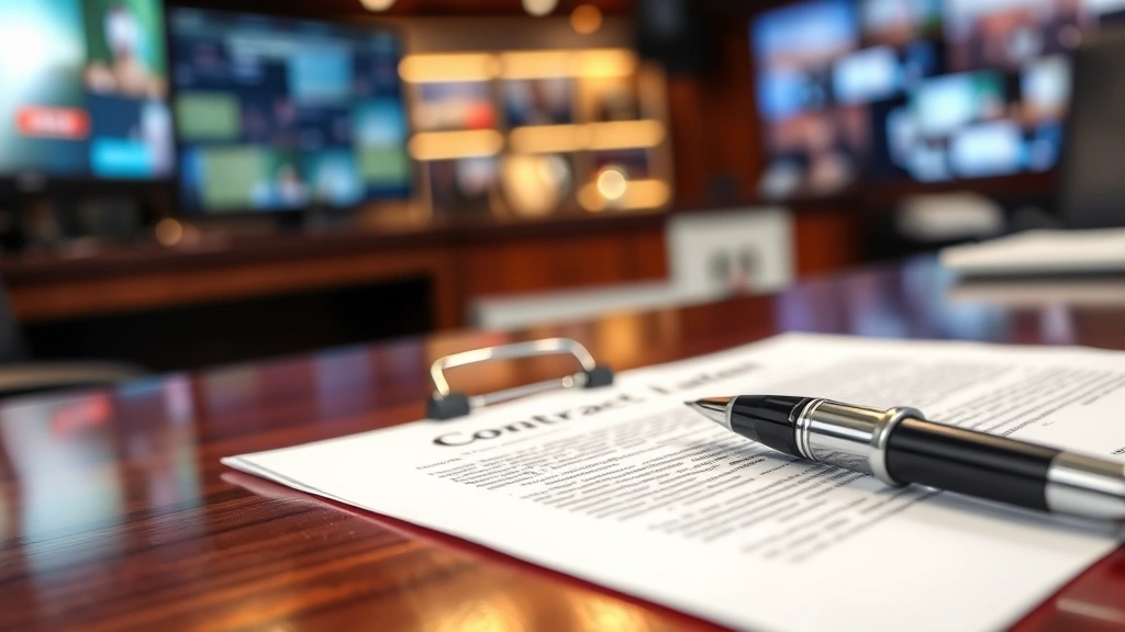 Close-up of legal contract documents and pen on mahogany desk, broadcasting studio or network office background, emphasizing business and legal decision-making