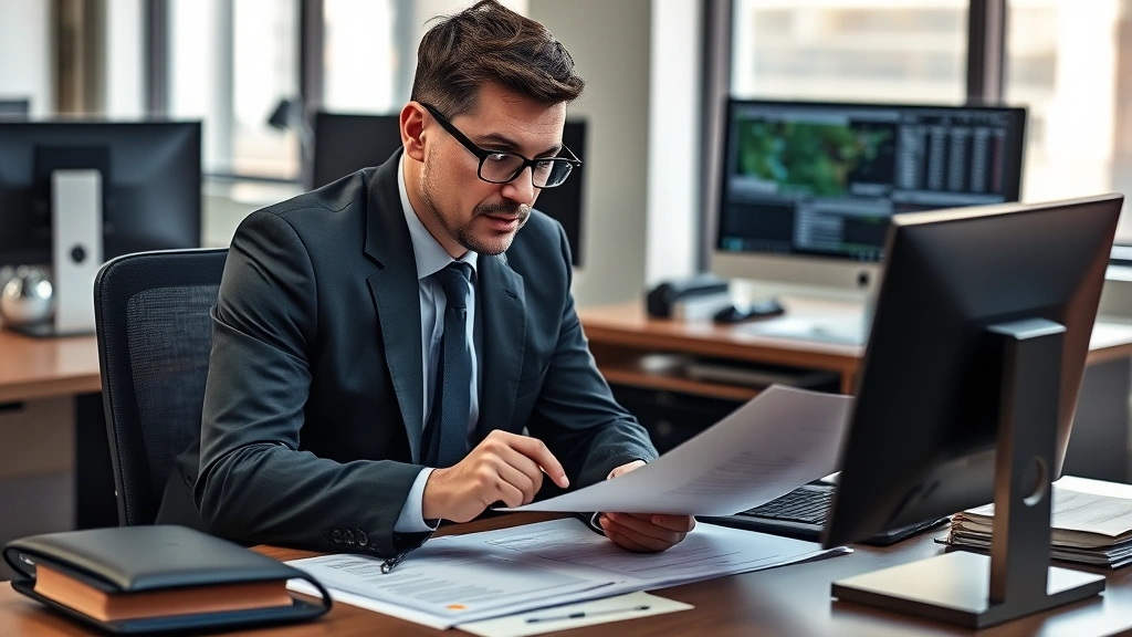 Professional detective in modern office setting reviewing case files and evidence documents on desk, serious focused expression, contemporary law enforcement workspace with computer monitors and organized case materials