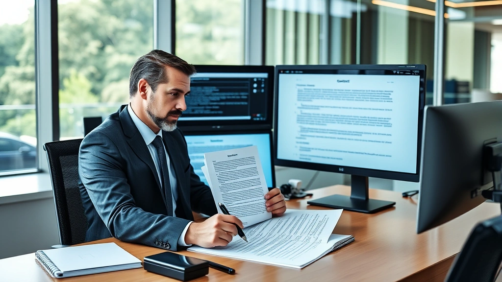 Professional legal consultant reviewing television contracts at modern office desk with multiple monitors displaying contract documents and licensing agreements, natural lighting, focused expression, business attire