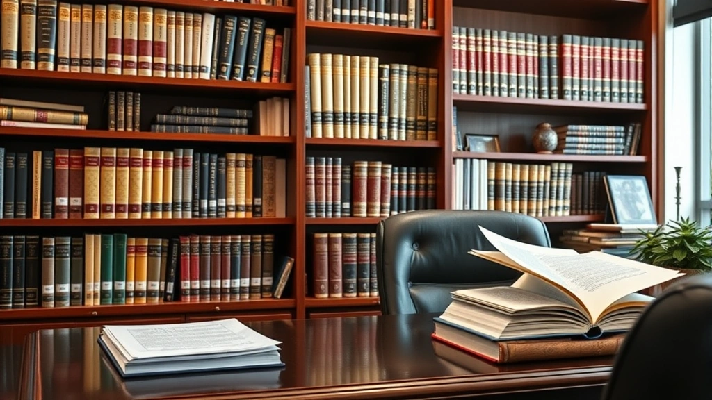Entertainment lawyer's office bookshelf displaying legal reference materials and copyright law books, with desk containing contracts and intellectual property documentation, professional legal environment
