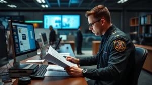 Professional detective in modern police station reviewing case files and evidence reports at desk with computer and documentation, realistic office environment with colleagues in background