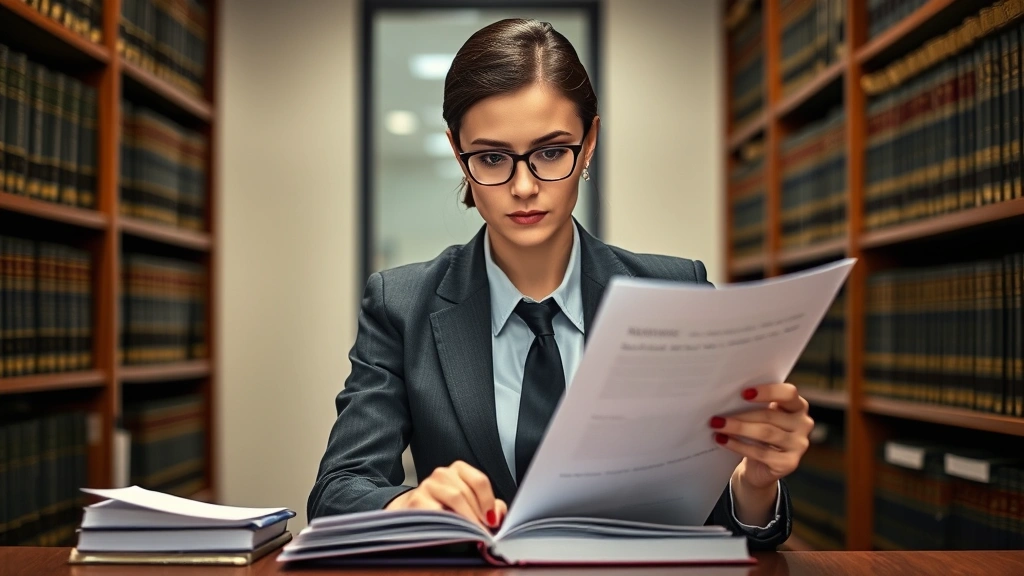 Serious female prosecutor in business attire reviewing legal documents and case materials in law library with law books visible, focused expression while taking notes