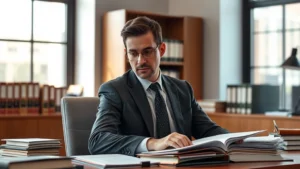 Professional prosecutor in business suit reviewing case files at desk in modern law office, serious expression, natural lighting from windows, organized legal documents visible