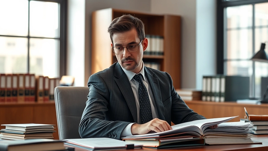 Professional prosecutor in business suit reviewing case files at desk in modern law office, serious expression, natural lighting from windows, organized legal documents visible