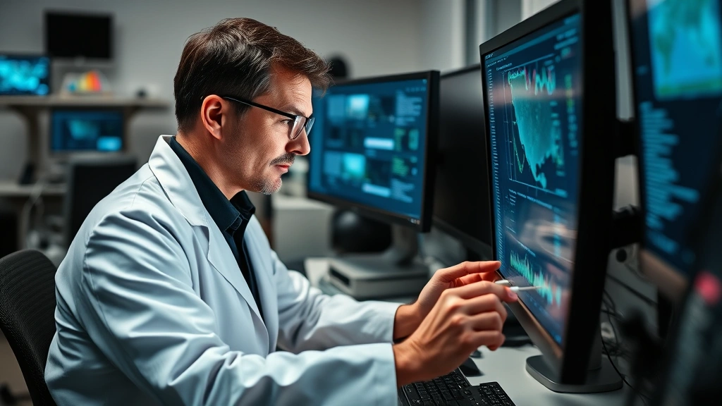 Forensic expert in lab coat examining digital evidence on computer screen with multiple monitors, professional setting with scientific equipment, focused concentration