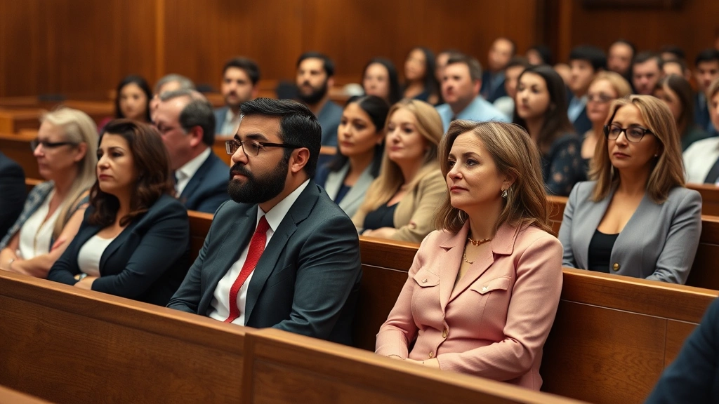 Diverse jury members seated in courtroom gallery during trial proceedings, attentive expressions, formal courtroom setting with wooden benches and professional atmosphere