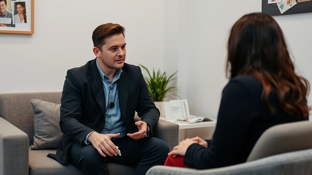 Male detective in dark blazer conducting interview with female victim in comfortable consultation room, empathetic body language, neutral professional setting with tissues and support materials