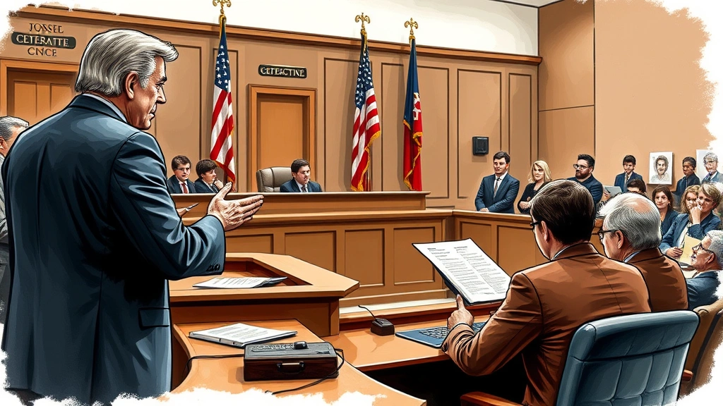 Diverse courtroom scene with judge at bench, attorney presenting evidence, jury visible in background, formal legal setting with American flag, professional and authoritative atmosphere