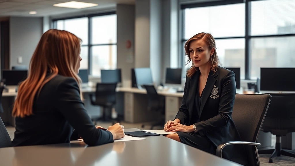 Professional female detective in modern police precinct office conducting witness interview, seated across from woman at table, focused and attentive, natural lighting from windows, realistic police environment with desks and computers visible in background